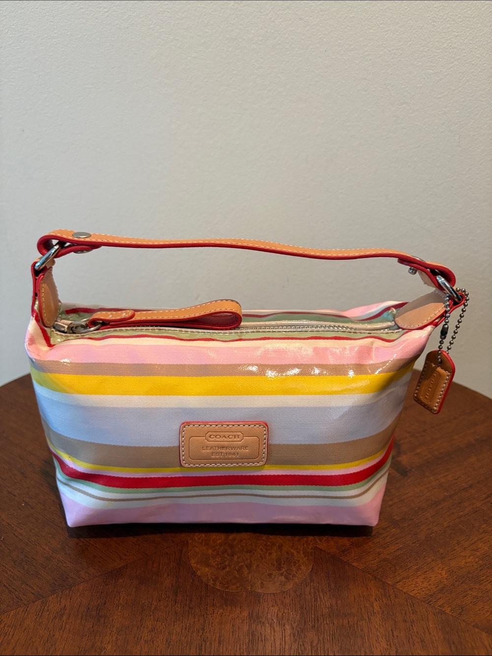 Coach striped mini bag  laminated pink yellow red taupe satchel/tan leather trim